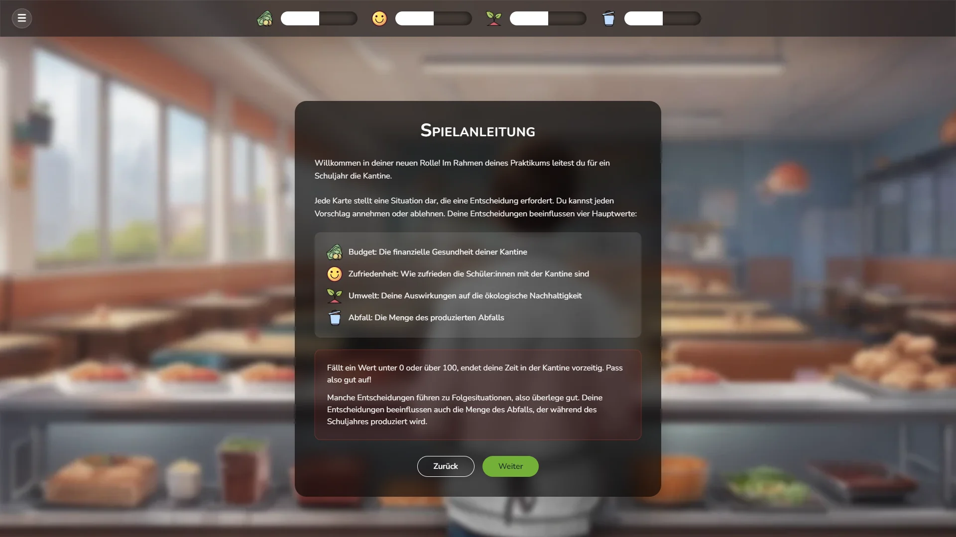 Smart School - Waste Prevention Tutorial Screen
